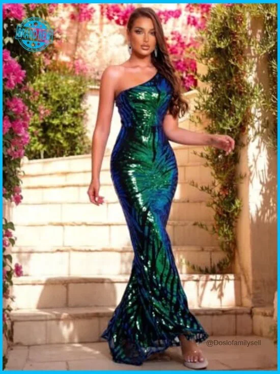 Holographic Sequin Formal Dress Stretch Maxi Prom Evening Gown Elegant - Picture 5 of 7